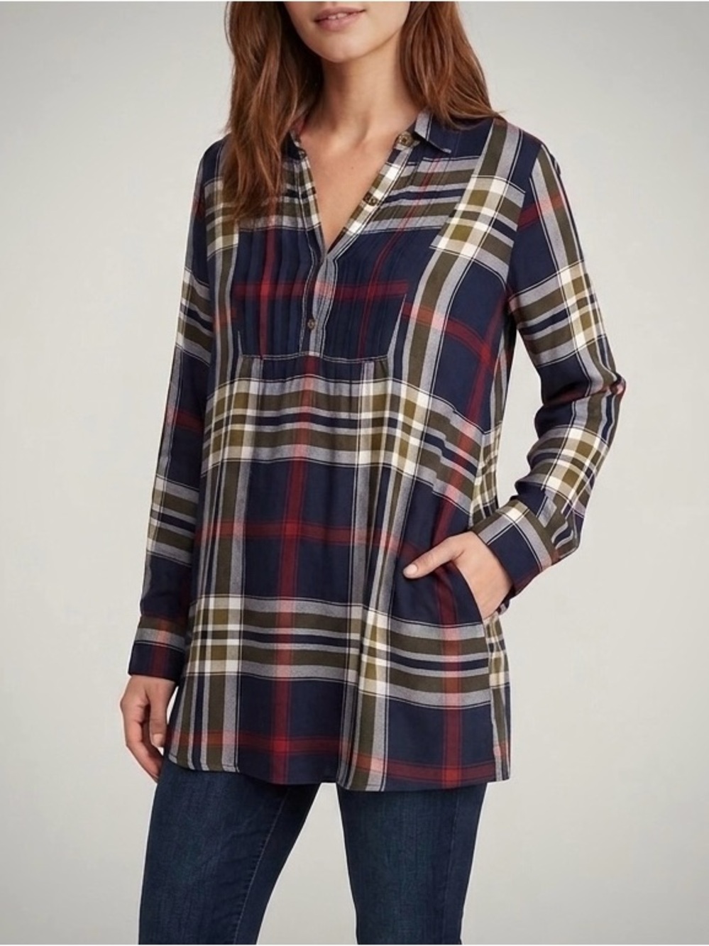 Abercrombie & Fitch Navy Plaid Pintuck Flannel Tunic Top w/ Pockets XS